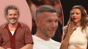 Lukas Podolski testet "Fußballschuhe" und Nina Chuba im Improtheater